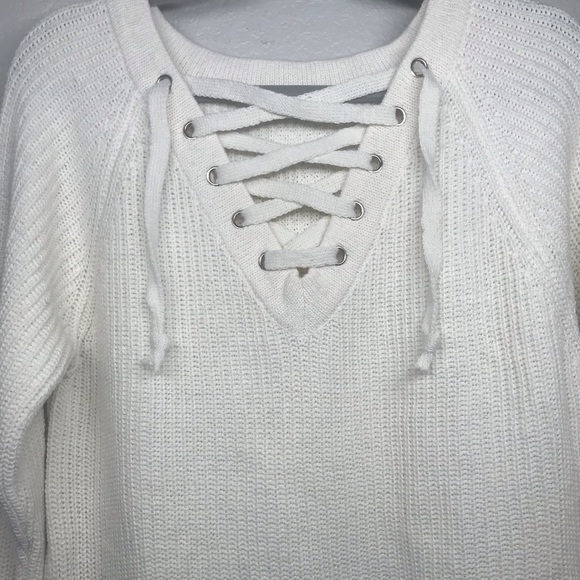 Cream Lace Up Rib Oversized Knit Sweater - Picture 8 of 11